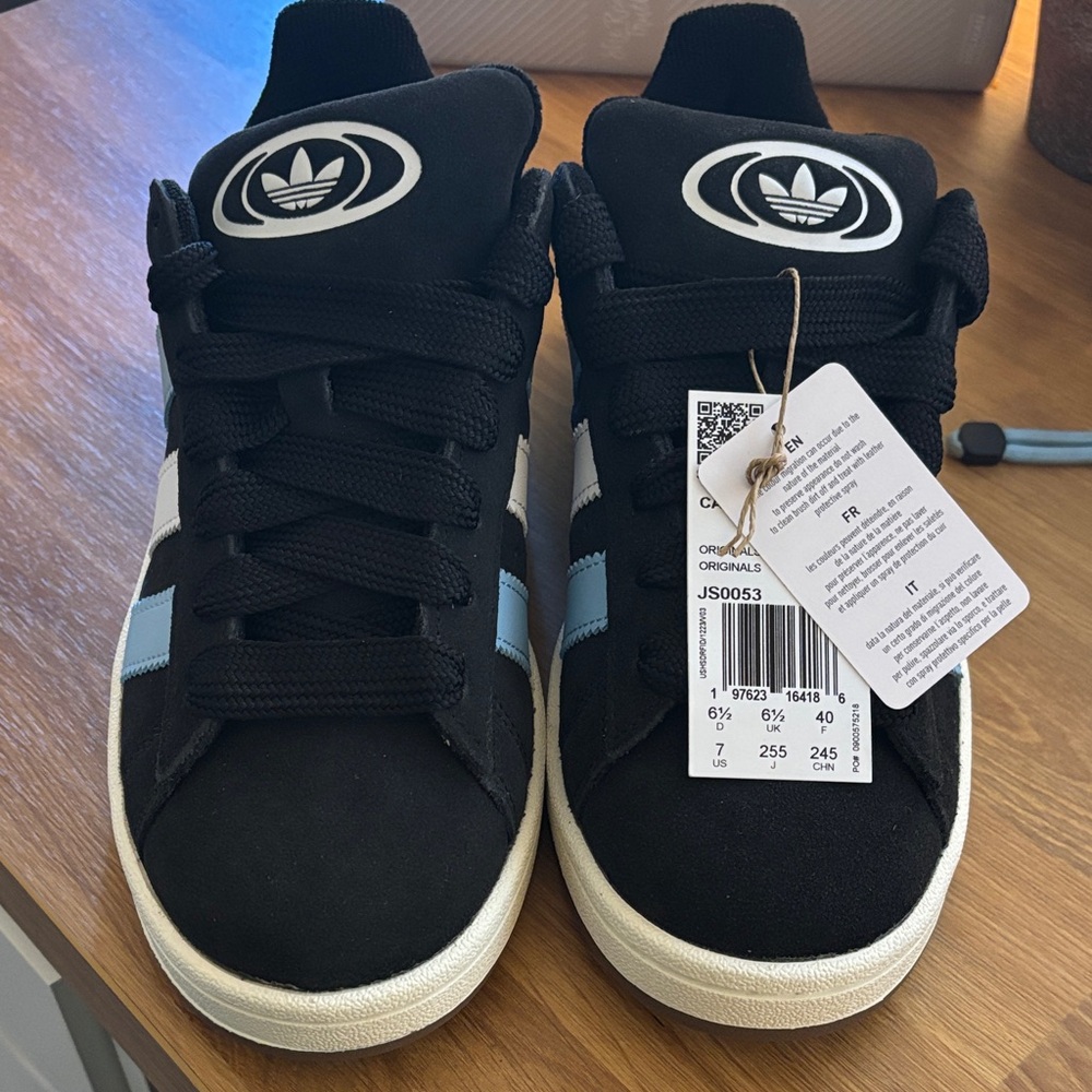 Adidas Campus Black Sneakers with White and Light Blue Stripes - Picture 2 of 7